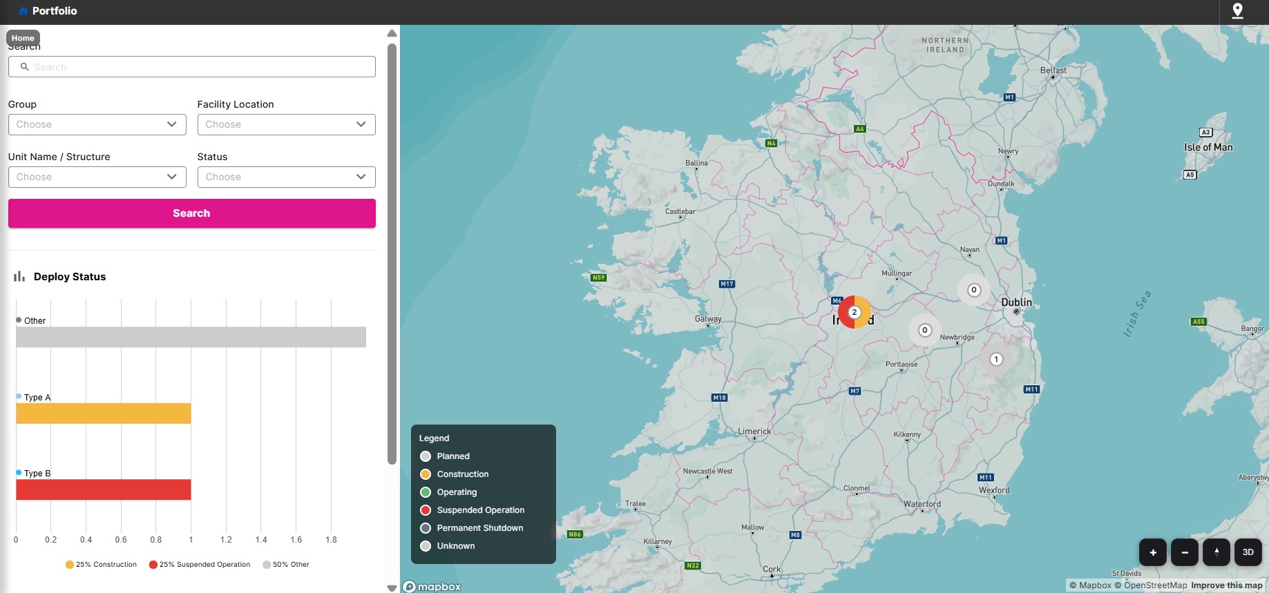 Portfolio user interface — portfolio map with sites and structures
