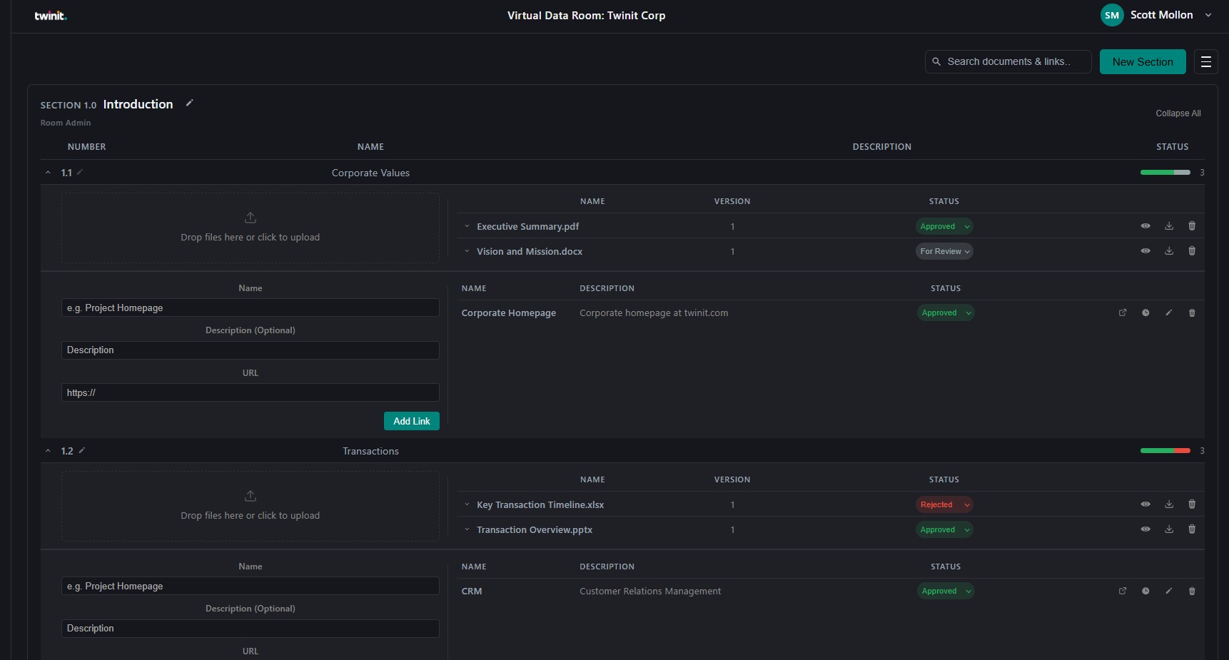 Virtual Data Room user interface — sections, documents, and links
